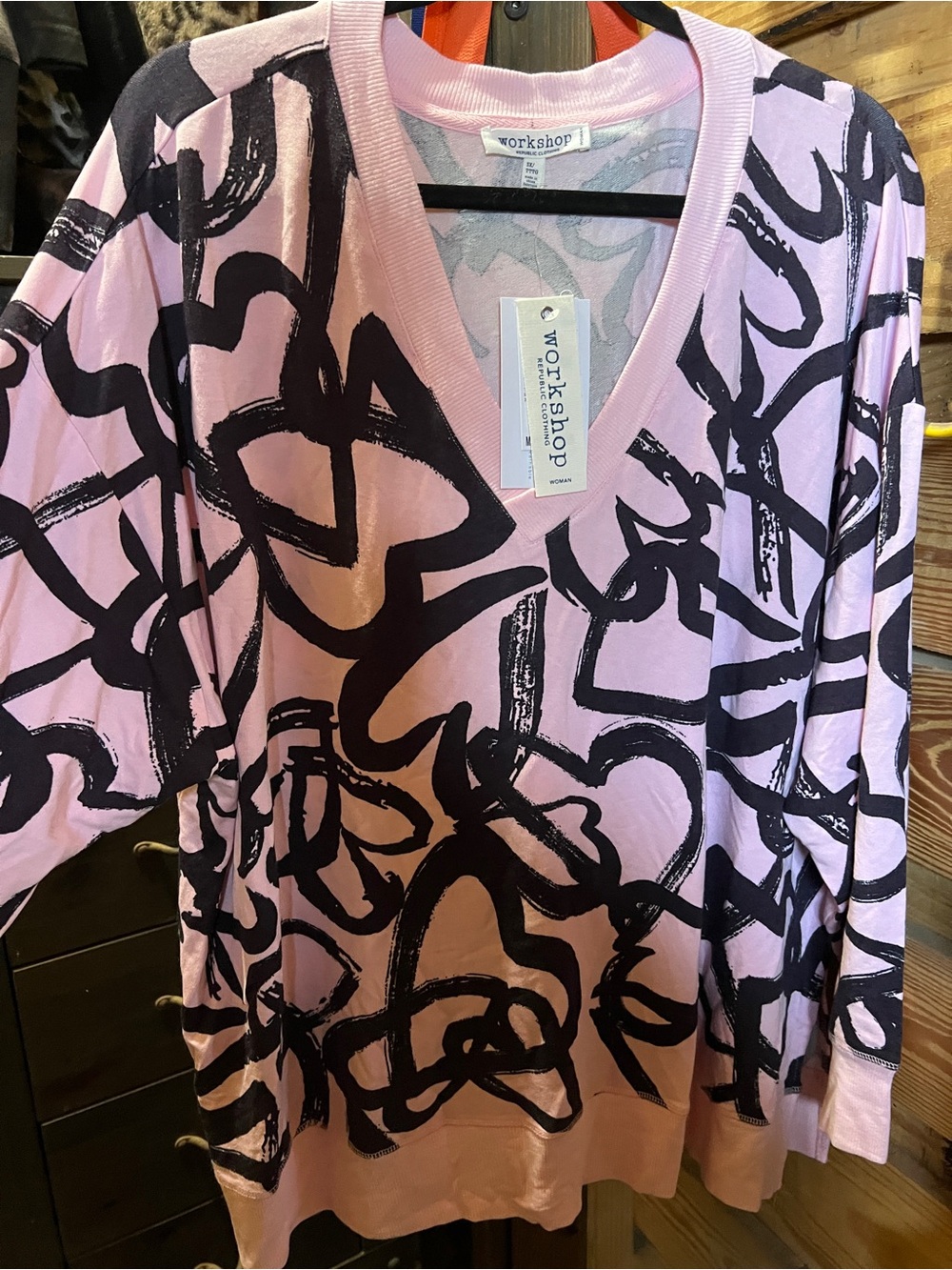 Workshop Republic Clothing Pink V-Neck Sweater with Black Abstract Print